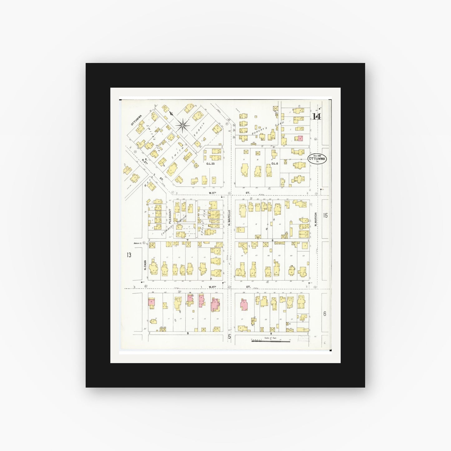 Old map wall art mockup — black gallery frame with white mat — Sanborn Fire Insurance Map from Ottumwa, Wapello County, Iowa (1902), Sheet #0014