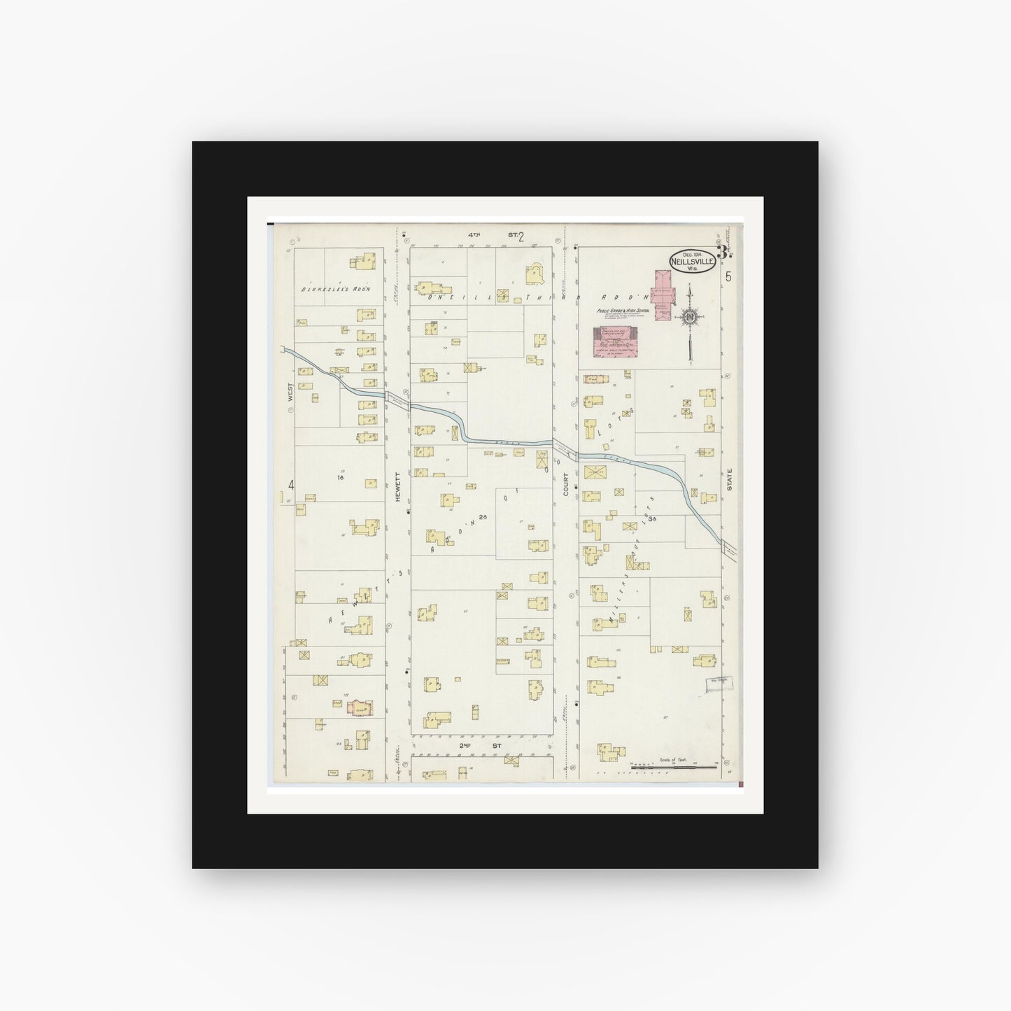 Old map wall art mockup — black gallery frame with white mat — Sanborn Fire Insurance Map from Neillsville, Clark County, Wisconsin (1914), Sheet #0003
