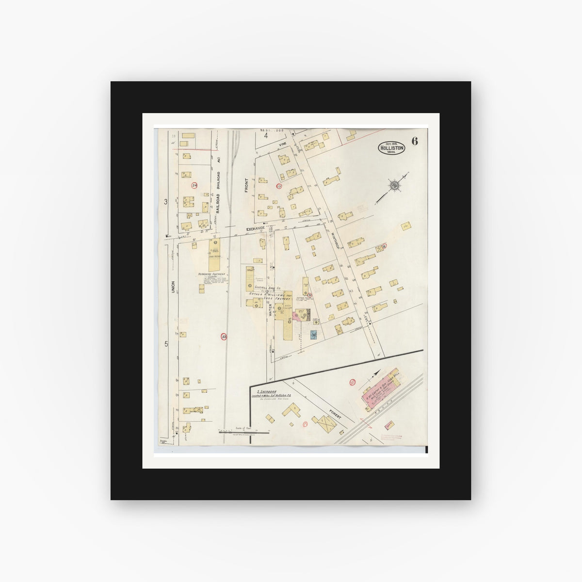 Old map wall art mockup — black gallery frame with white mat — Sanborn Fire Insurance Map from Holliston, Middlesex County, Massachusetts (1942), Sheet #0006