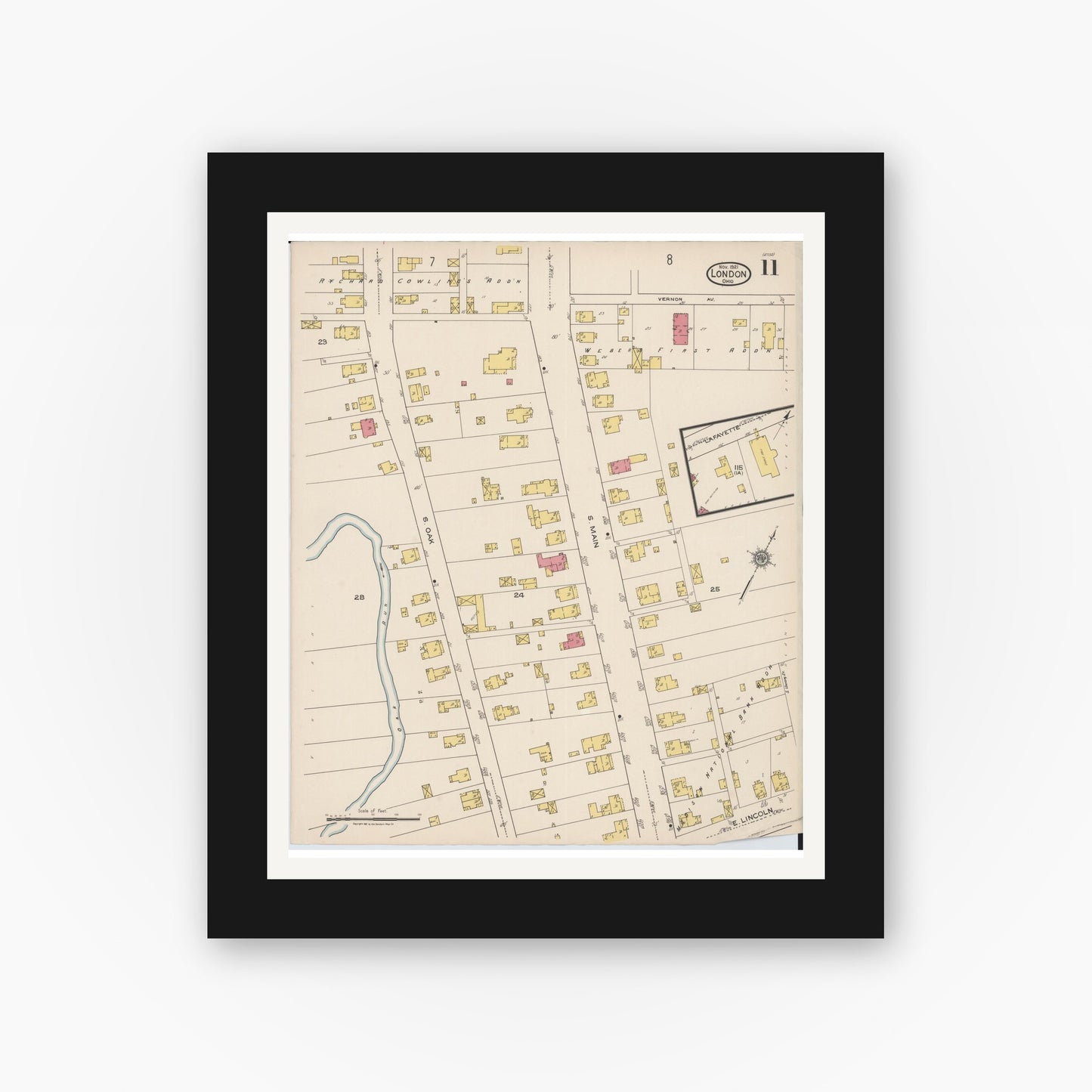 Old map wall art mockup — black gallery frame with white mat — Sanborn Fire Insurance Map from London, Madison County, Ohio (1921), Sheet #0011