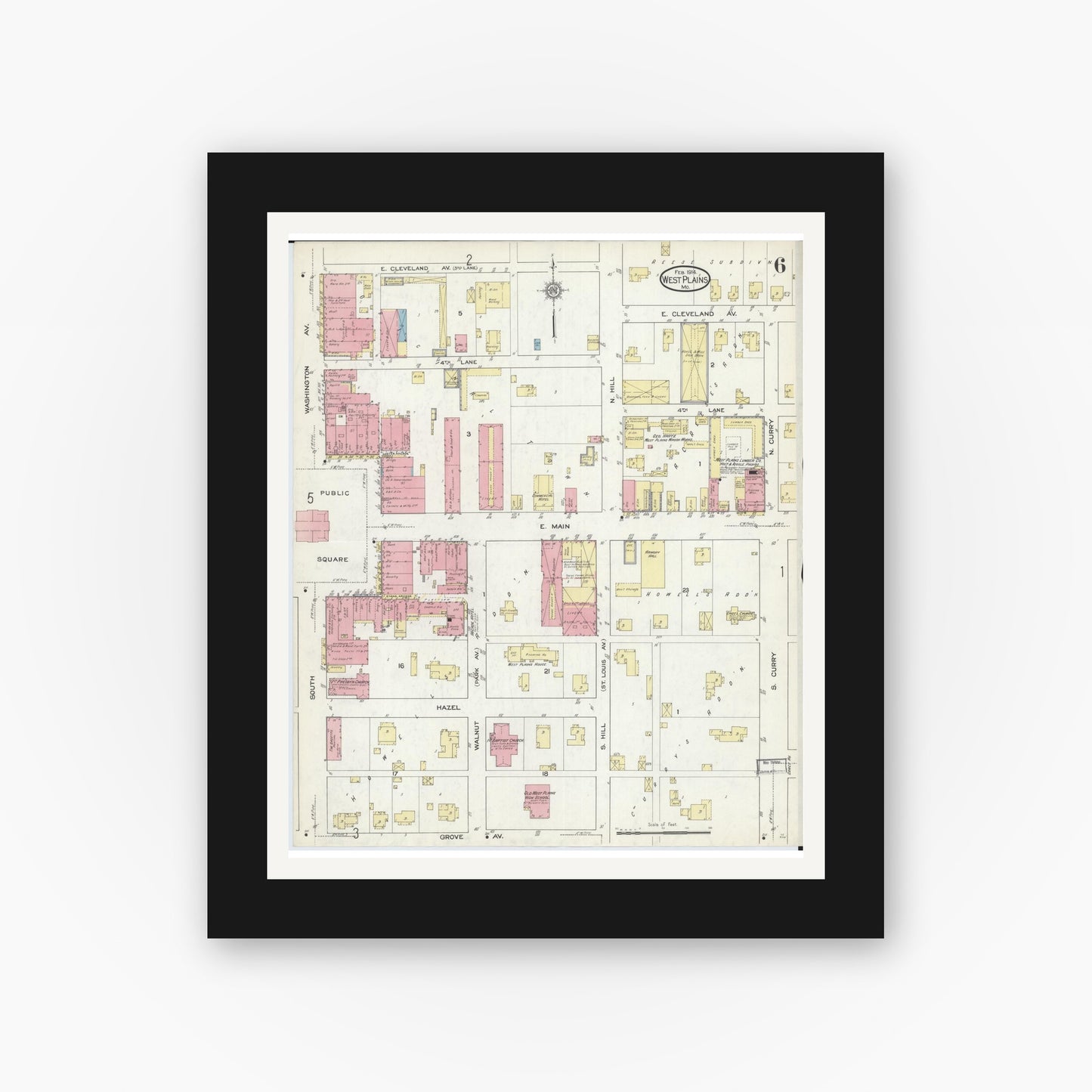 Old map wall art mockup — black gallery frame with white mat — Sanborn Fire Insurance Map from West Plains, Howell County, Missouri (1914), Sheet #0006