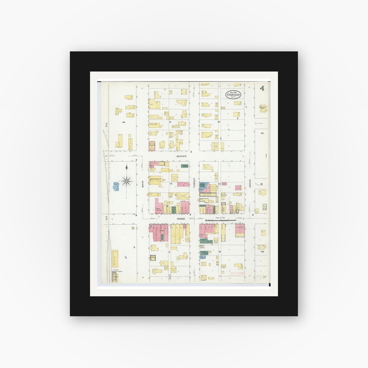 Old map wall art mockup — black gallery frame with white mat — Sanborn Fire Insurance Map from Standish, Arenac County, Michigan (1909), Sheet #0004