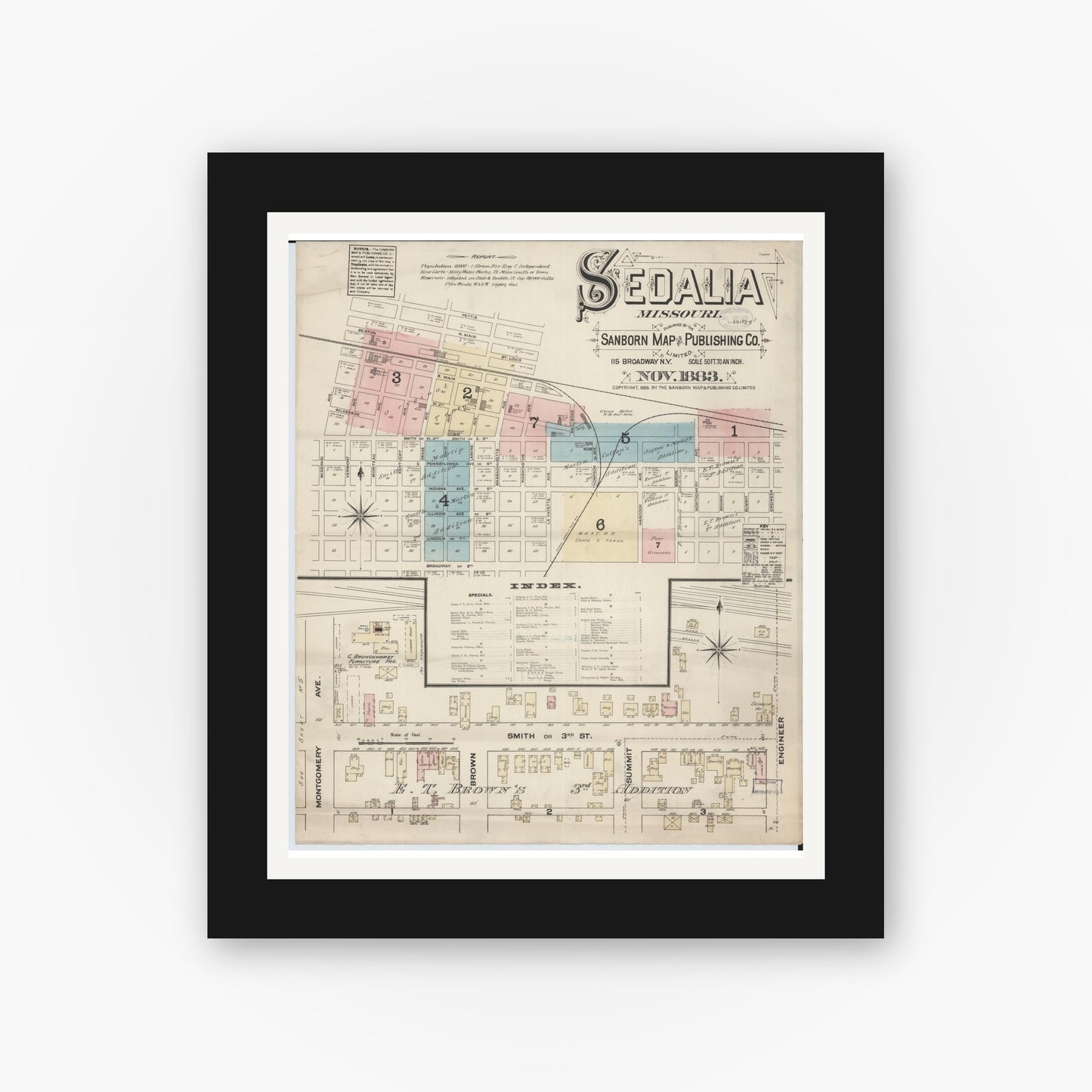Old map wall art mockup — black gallery frame with white mat — Sanborn Fire Insurance Map from Sedalia, Pettis County, Missouri (1883), Sheet #0001