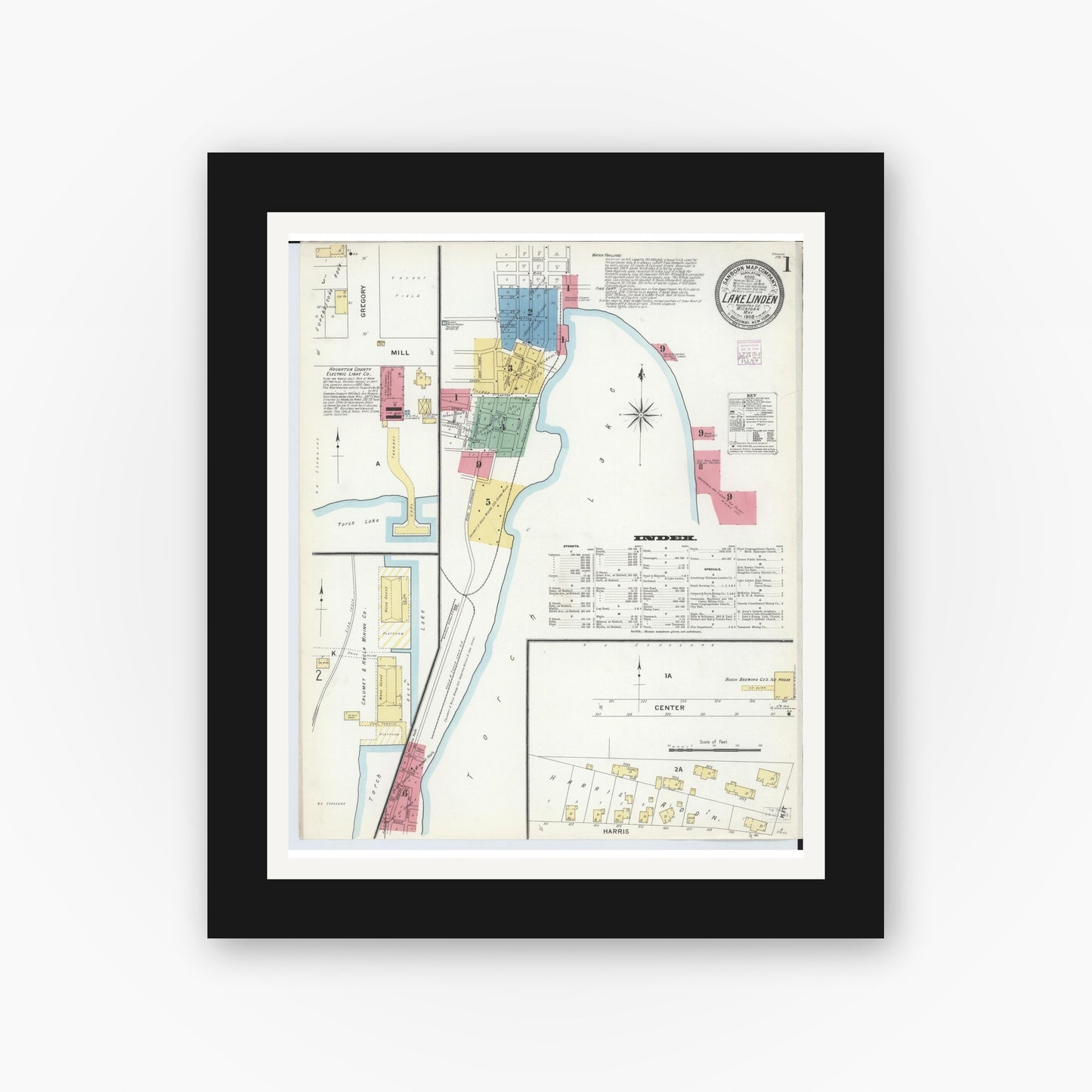 Old map wall art mockup — black gallery frame with white mat — Sanborn Fire Insurance Map from Lake Linden, Houghton County, Michigan (1908), Sheet #0001