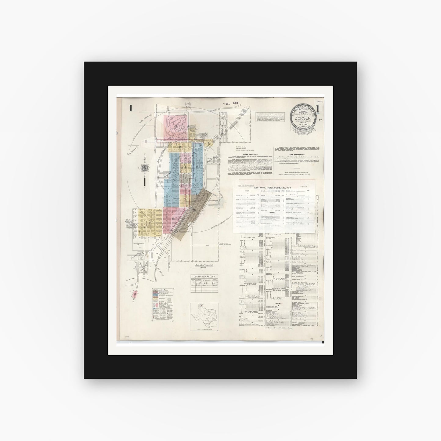 Old map wall art mockup — black gallery frame with white mat — Sanborn Fire Insurance Map from Borger, Hutchinson County, Texas (1950), Sheet #0001