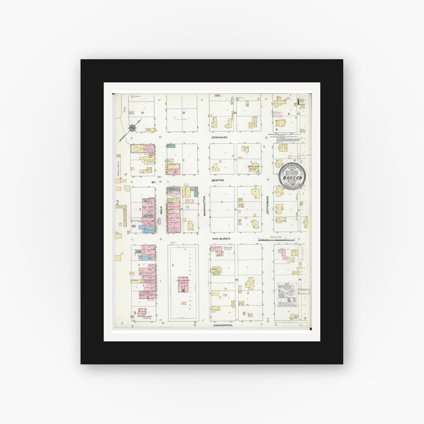 Old map wall art mockup — black gallery frame with white mat — Sanborn Fire Insurance Map from Warsaw, Benton County, Missouri (1909), Sheet #0001
