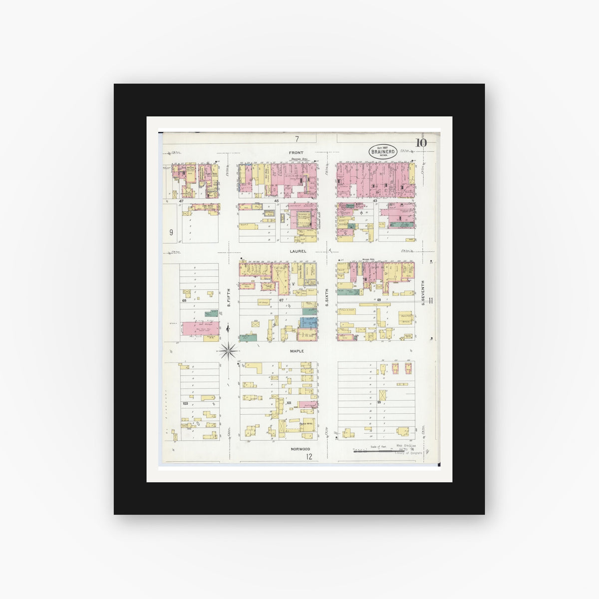 Old map wall art mockup — black gallery frame with white mat — Sanborn Fire Insurance Map from Brainerd, Crow Wing County, Minnesota (1907), Sheet #0010