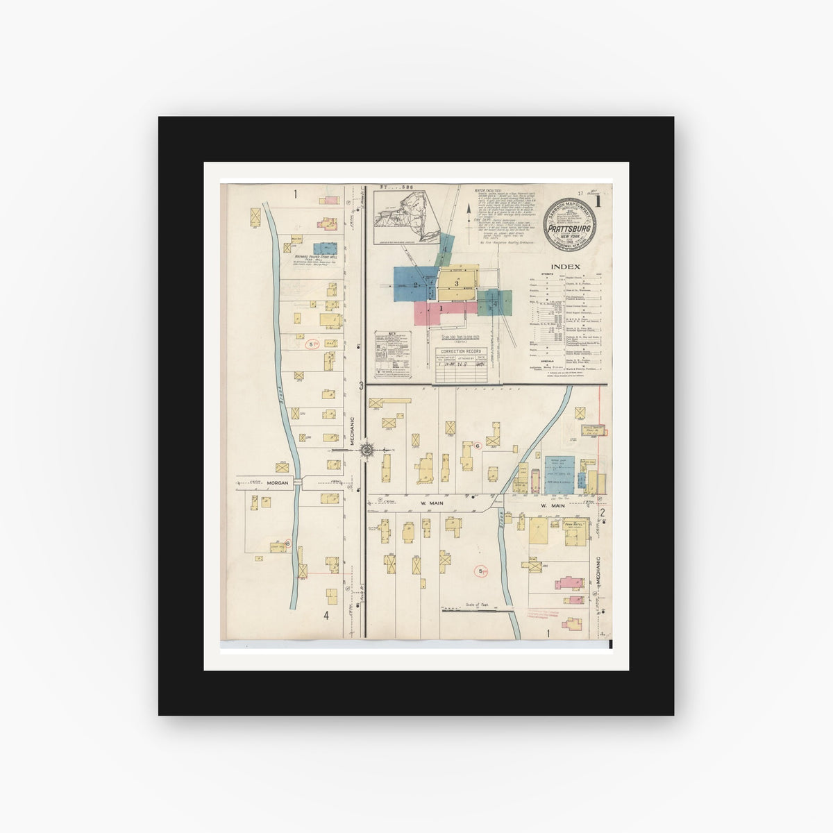 Old map wall art mockup — black gallery frame with white mat — Sanborn Fire Insurance Map from Prattsburgh, Steuben County, New York (1934) - Complete Map Set