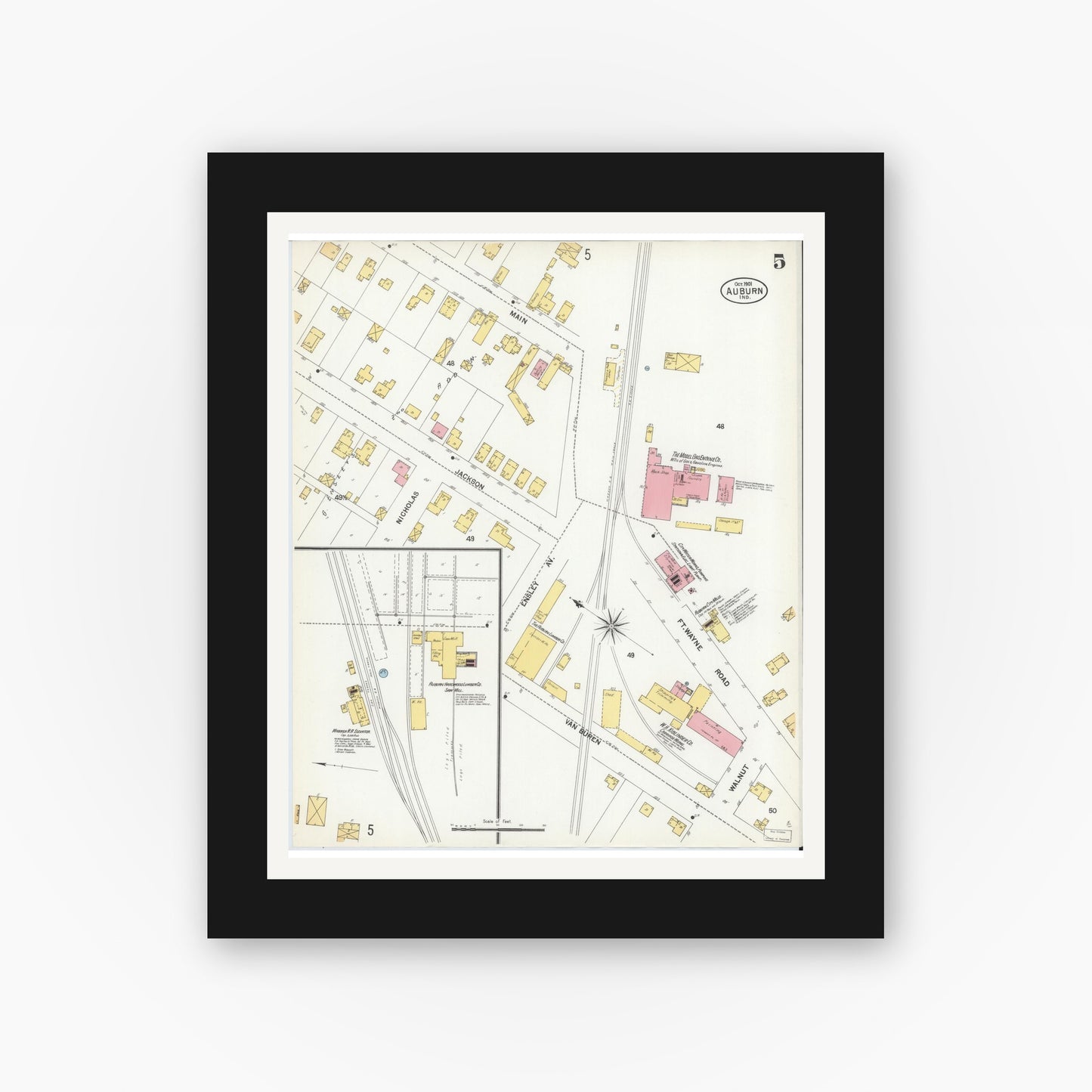 Old map wall art mockup — black gallery frame with white mat — Sanborn Fire Insurance Map from Auburn, De Kalb County, Indiana (1901), Sheet #0005