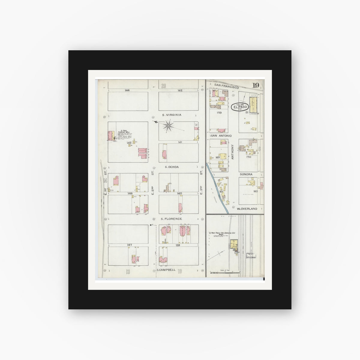 Old map wall art mockup — black gallery frame with white mat — Sanborn Fire Insurance Map from El Paso, El Paso County, Texas (1893), Sheet #0019