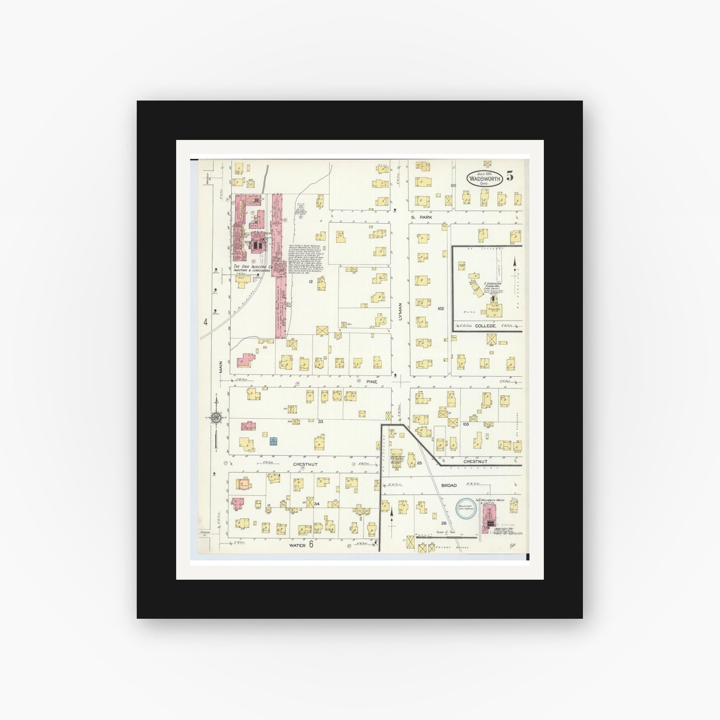 Old map wall art mockup — black gallery frame with white mat — Sanborn Fire Insurance Map from Wadsworth, Medina County, Ohio (1913), Sheet #0005