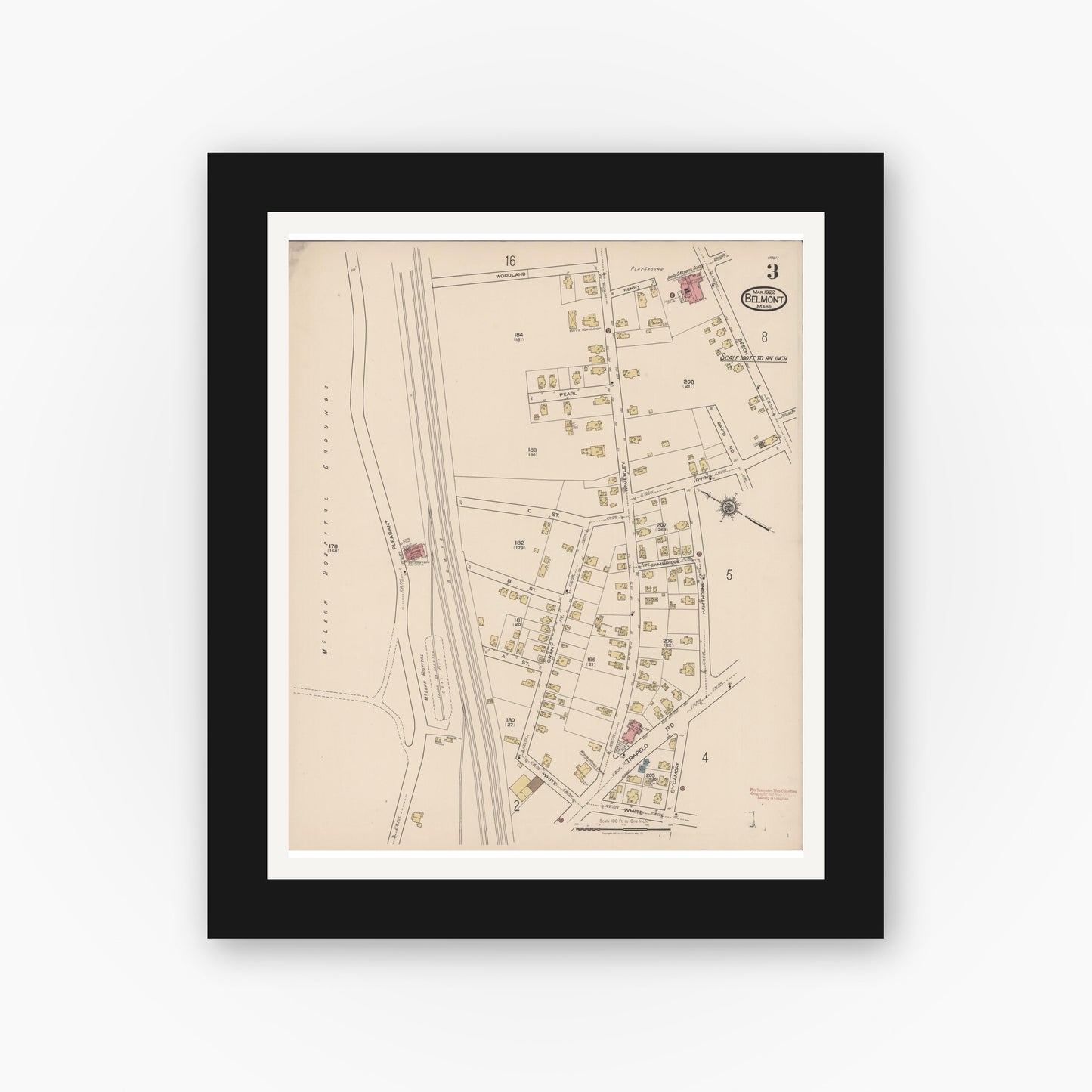 Old map wall art mockup — black gallery frame with white mat — Sanborn Fire Insurance Map from Belmont, Middlesex County, Massachusetts (1922), Sheet #0003