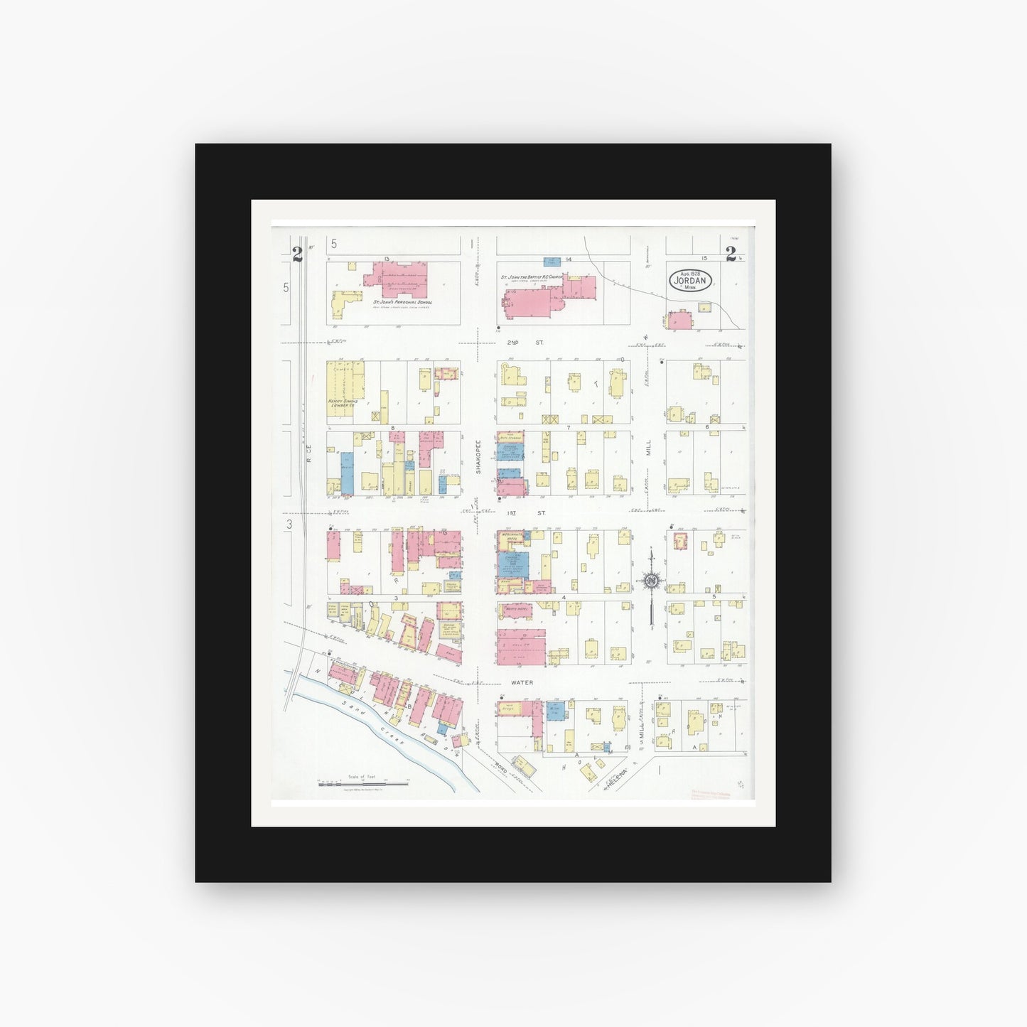 Old map wall art mockup — black gallery frame with white mat — Sanborn Fire Insurance Map from Jordan, Scott County, Minnesota (1928), Sheet #0002