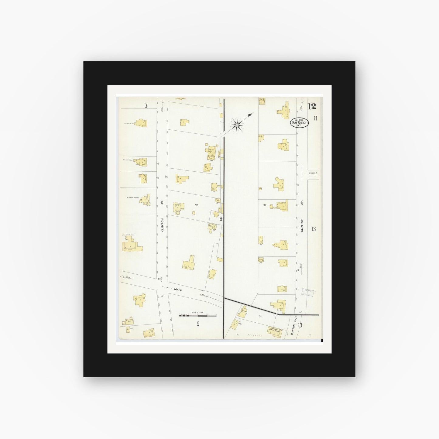 Old map wall art mockup — black gallery frame with white mat — Sanborn Fire Insurance Map from Bay Shore, Suffolk County, New York (1909), Sheet #0012