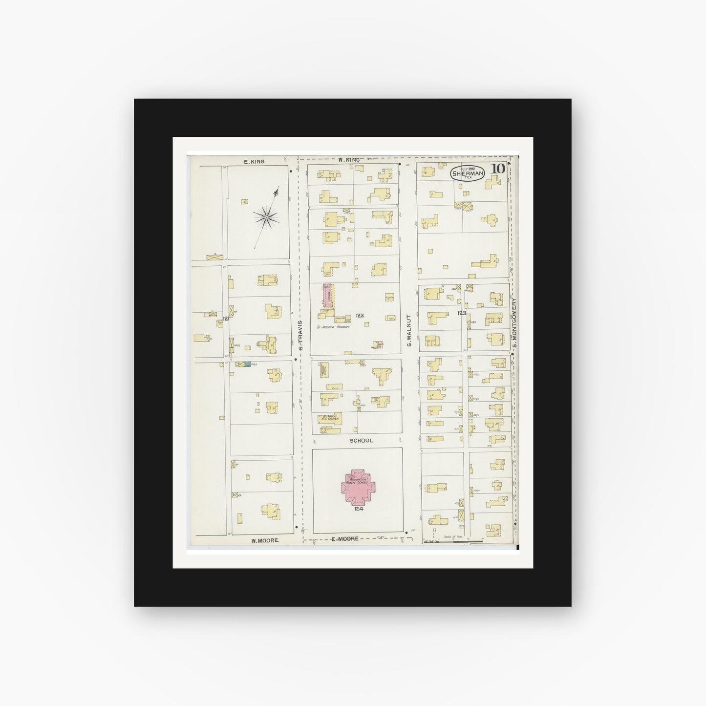 Old map wall art mockup — black gallery frame with white mat — Sanborn Fire Insurance Map from Sherman, Grayson County, Texas (1892), Sheet #0010