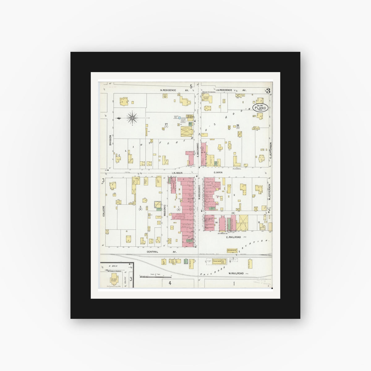 Old map wall art mockup — black gallery frame with white mat — Sanborn Fire Insurance Map from Plano, Collin County, Texas (1901), Sheet #0003