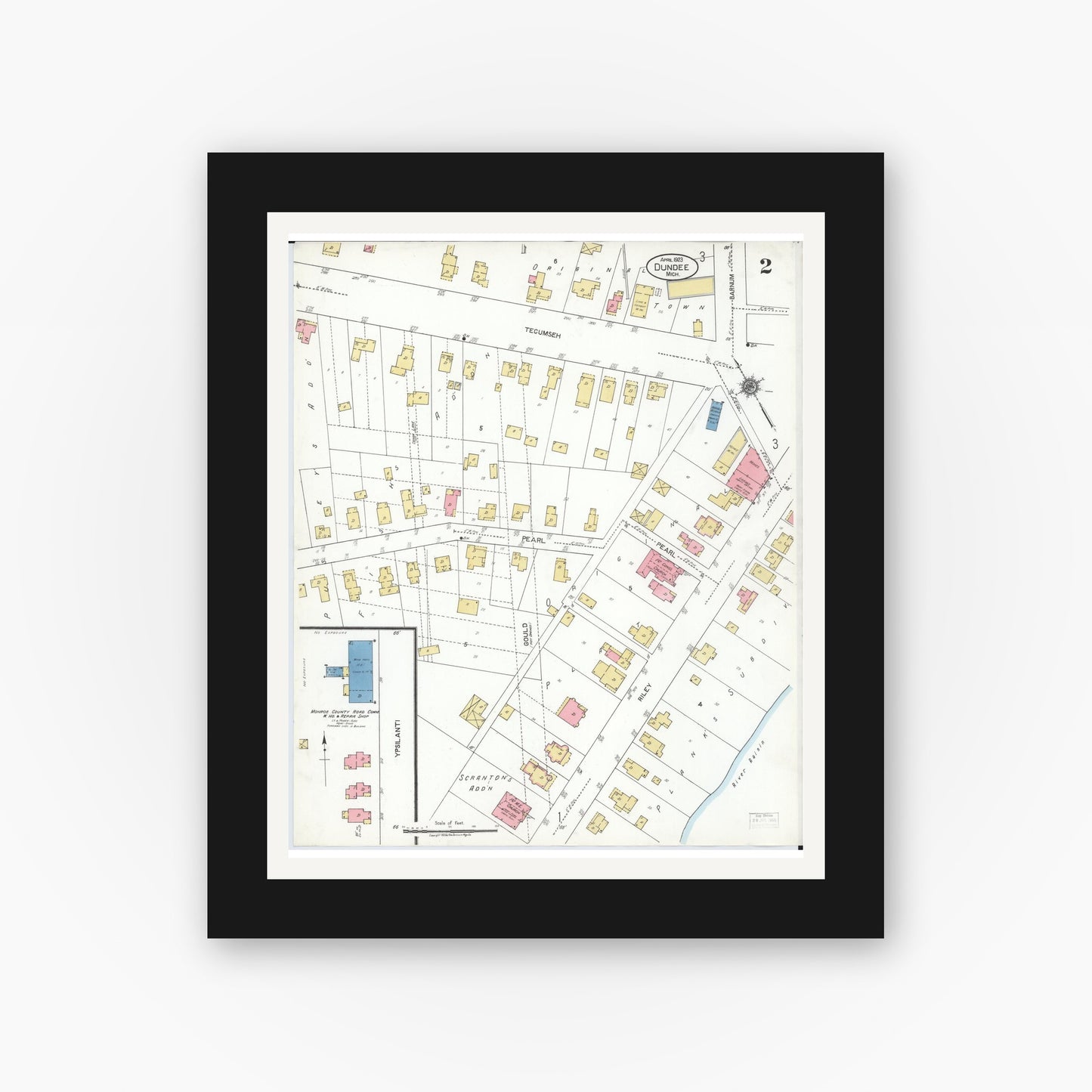 Old map wall art mockup — black gallery frame with white mat — Sanborn Fire Insurance Map from Dundee, Monroe County, Michigan (1923), Sheet #0002