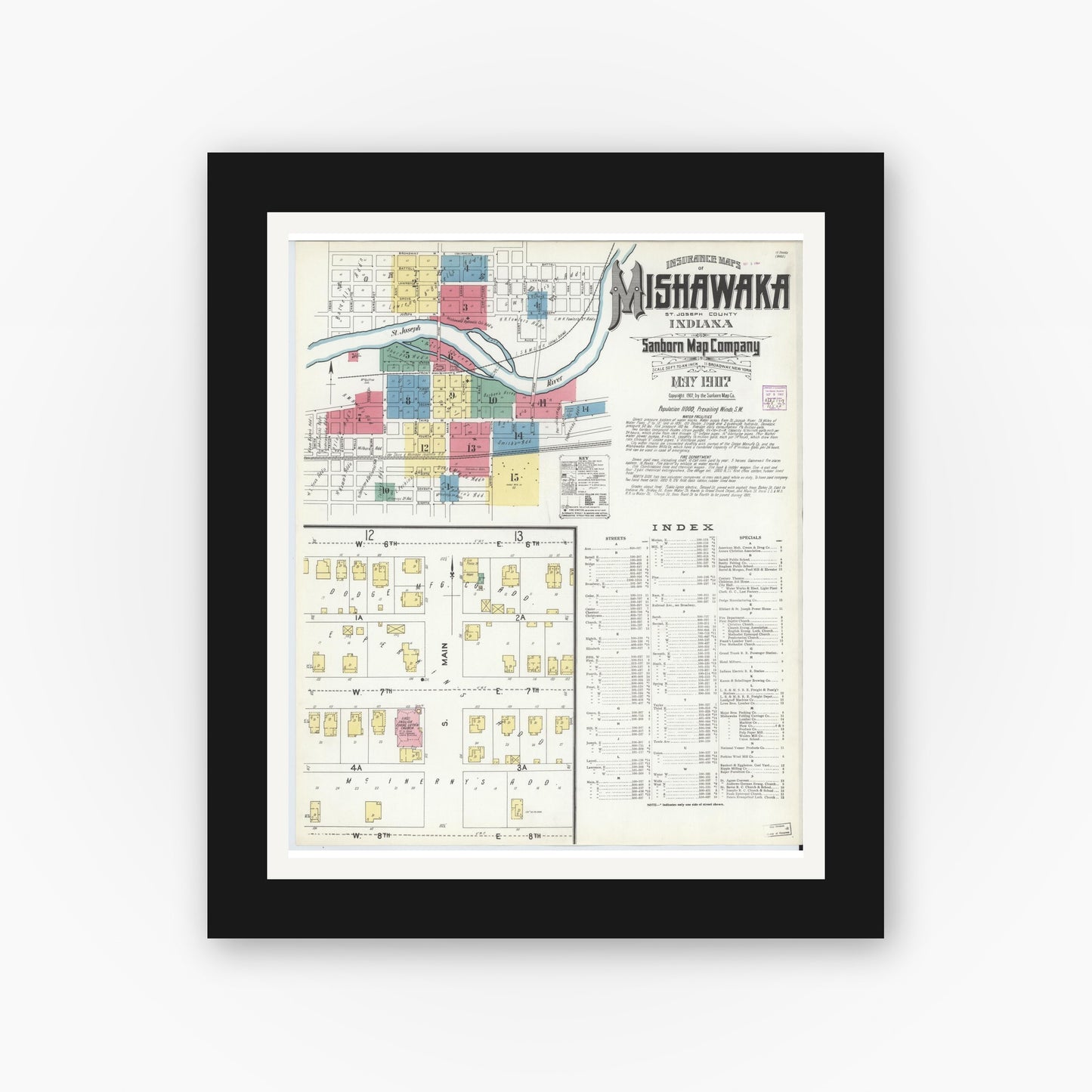 Old map wall art mockup — black gallery frame with white mat — Sanborn Fire Insurance Map from Mishawaka, Saint Joseph County, Indiana (1907) - Complete Map Set