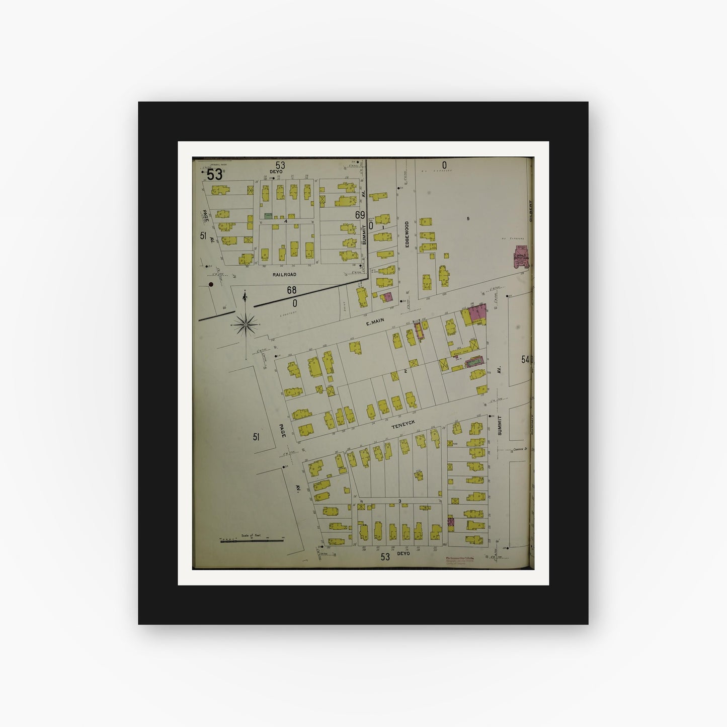 Old map wall art mockup — black gallery frame with white mat — Sanborn Fire Insurance Map from Jackson, Jackson County, Michigan (1907), Sheet #0053