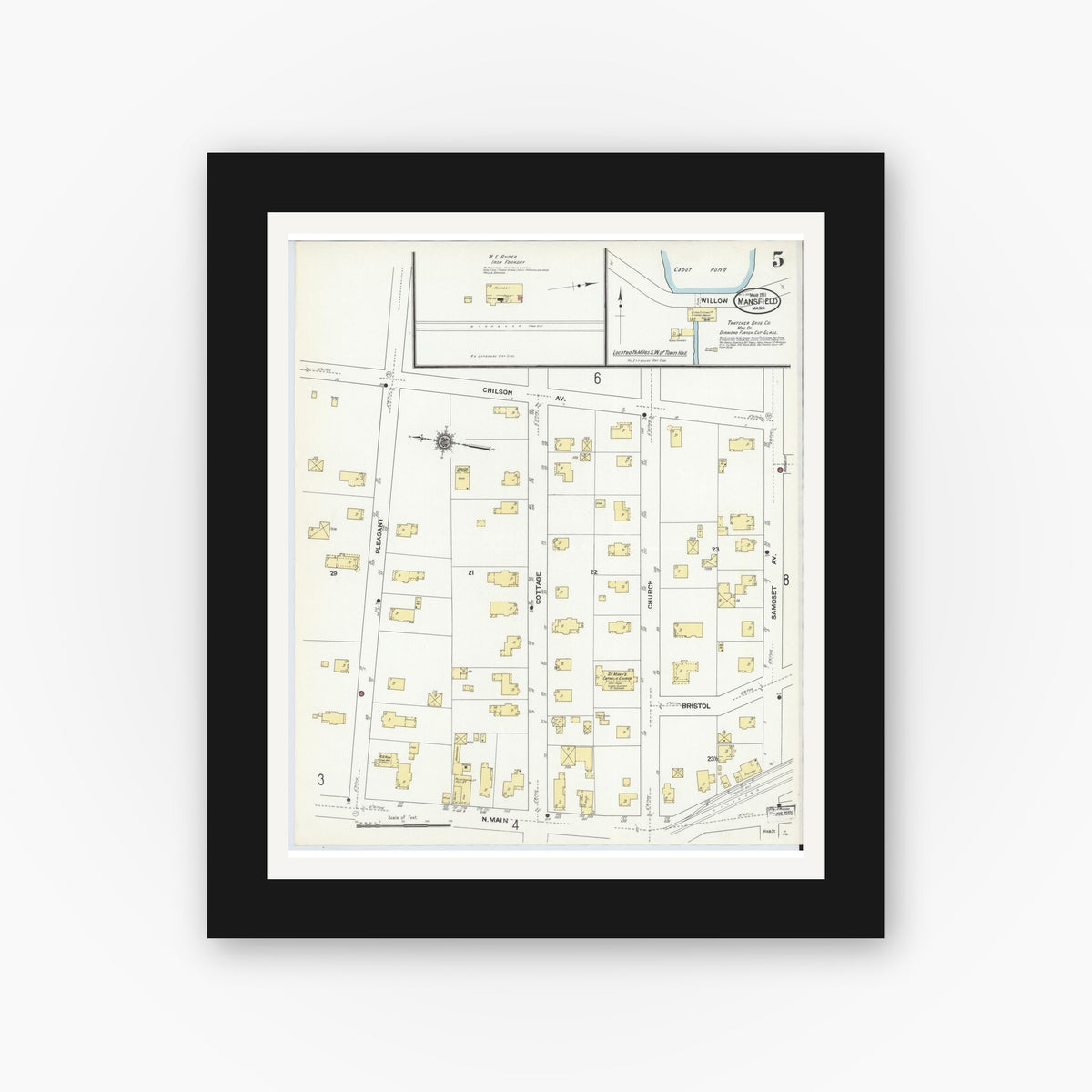 Old map wall art mockup — black gallery frame with white mat — Sanborn Fire Insurance Map from Mansfield, Bristol County, Massachusetts (1911), Sheet #0005