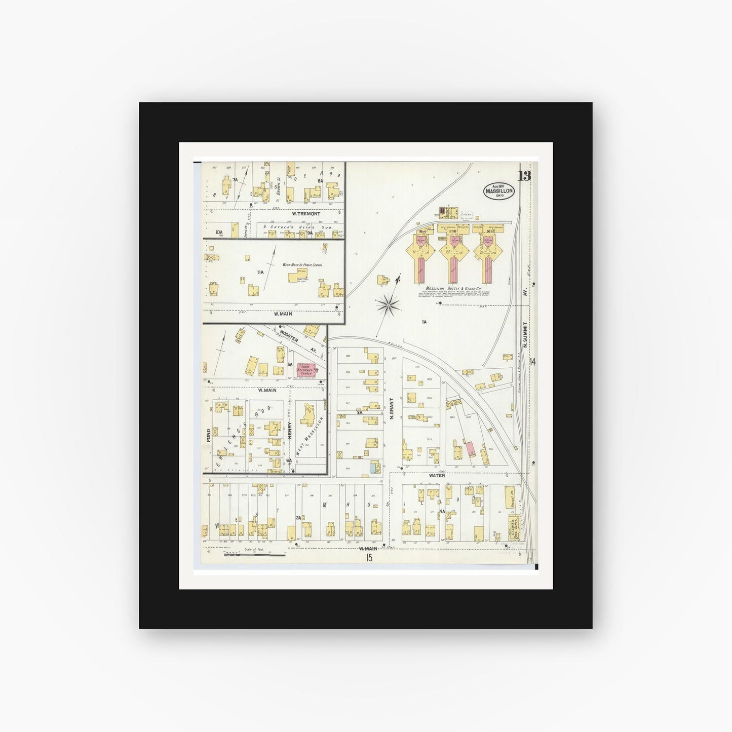 Old map wall art mockup — black gallery frame with white mat — Sanborn Fire Insurance Map from Massillon, Stark County, Ohio (1901), Sheet #0013