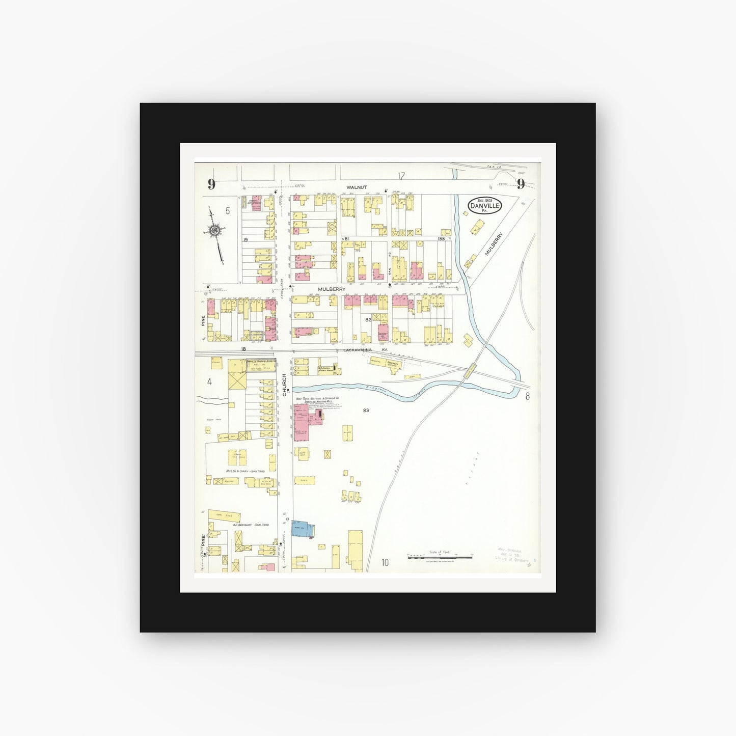 Old map wall art mockup — black gallery frame with white mat — Sanborn Fire Insurance Map from Danville, Montour County, Pennsylvania (1923), Sheet #0009
