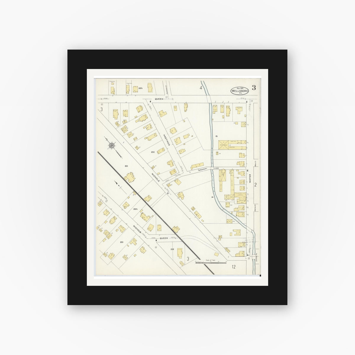 Old map wall art mockup — black gallery frame with white mat — Sanborn Fire Insurance Map from Wellsboro, Tioga County, Pennsylvania (1910), Sheet #0003