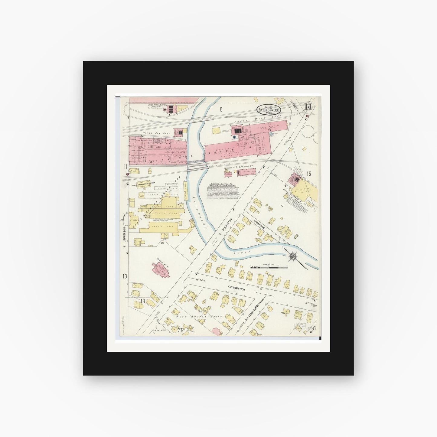Old map wall art mockup — black gallery frame with white mat — Sanborn Fire Insurance Map from Battle Creek, Calhoun County, Michigan (1913), Sheet #0014