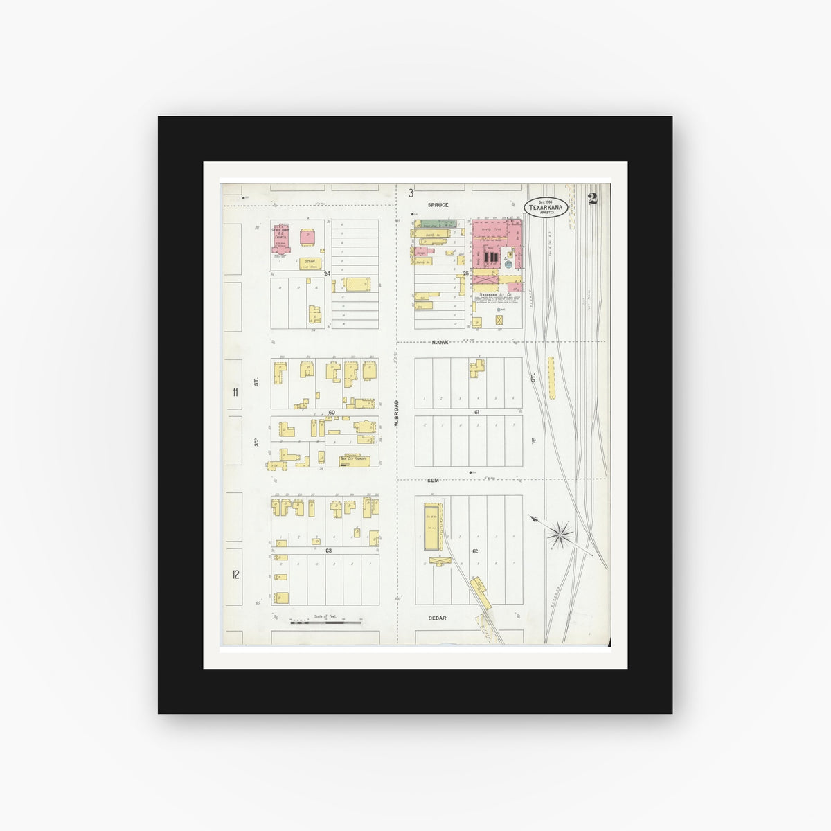 Old map wall art mockup — black gallery frame with white mat — Sanborn Fire Insurance Map from Texarkana, Bowie County, Texas (1900), Sheet #0002