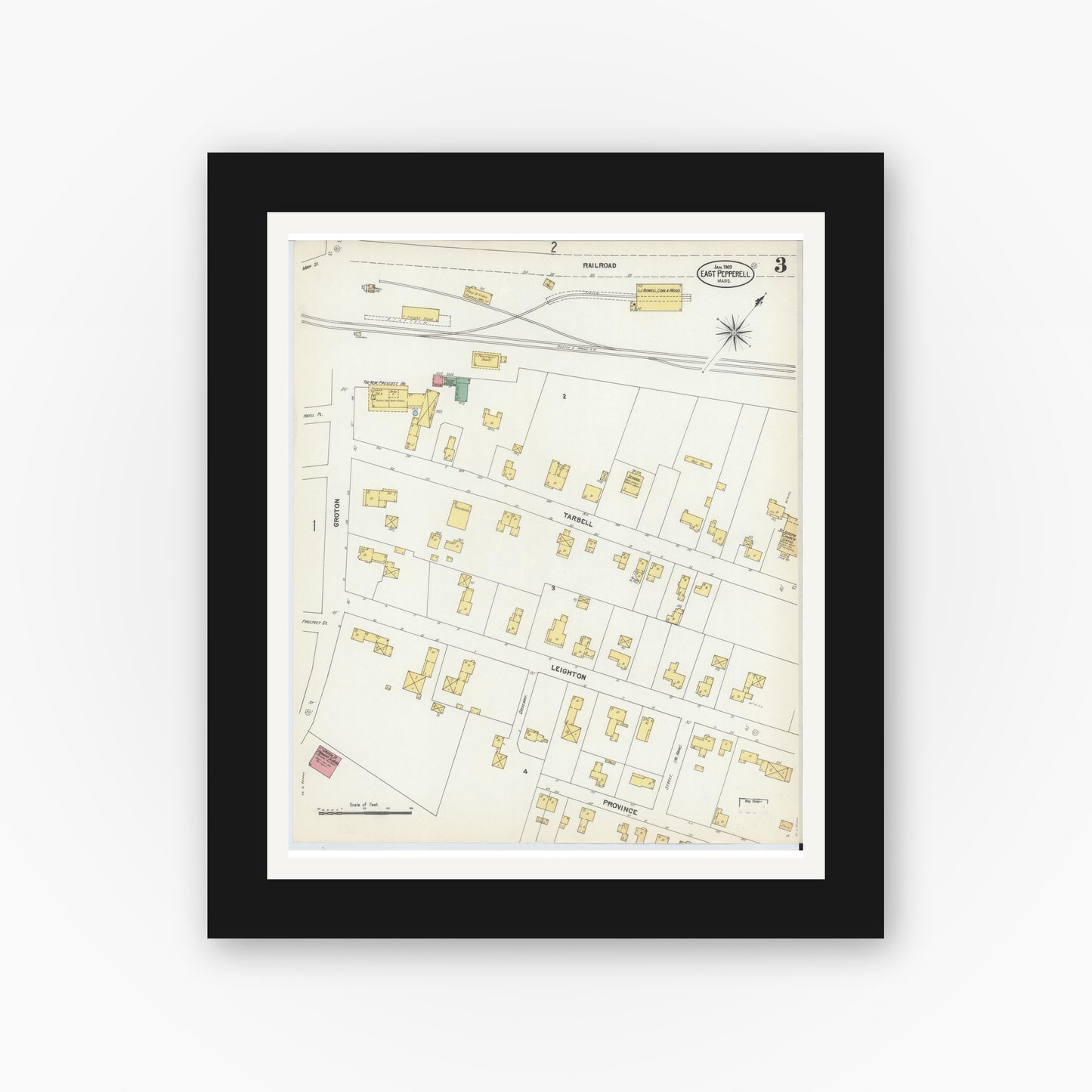 Old map wall art mockup — black gallery frame with white mat — Sanborn Fire Insurance Map from East Pepperell, Middlesex County, Massachusetts (1903), Sheet #0003