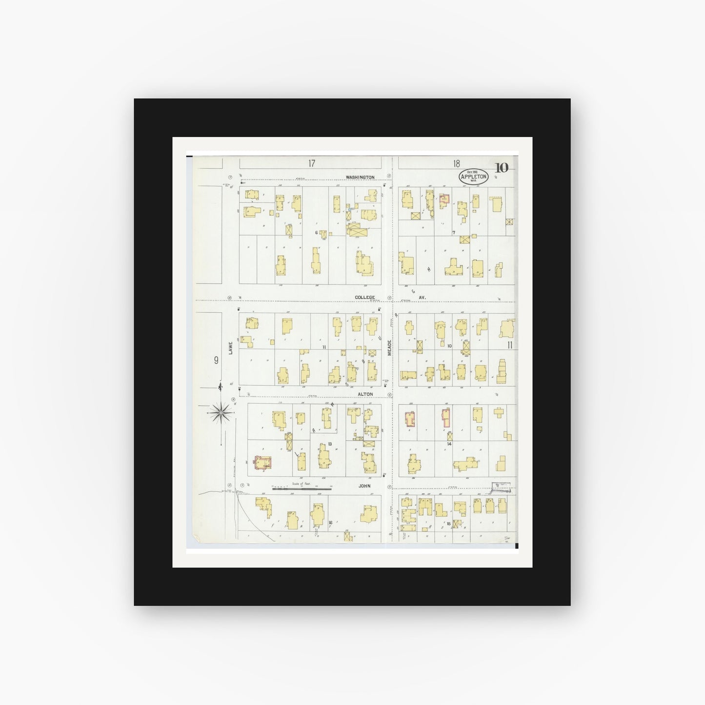Old map wall art mockup — black gallery frame with white mat — Sanborn Fire Insurance Map from Appleton, Outagamie County, Wisconsin (1901), Sheet #0010