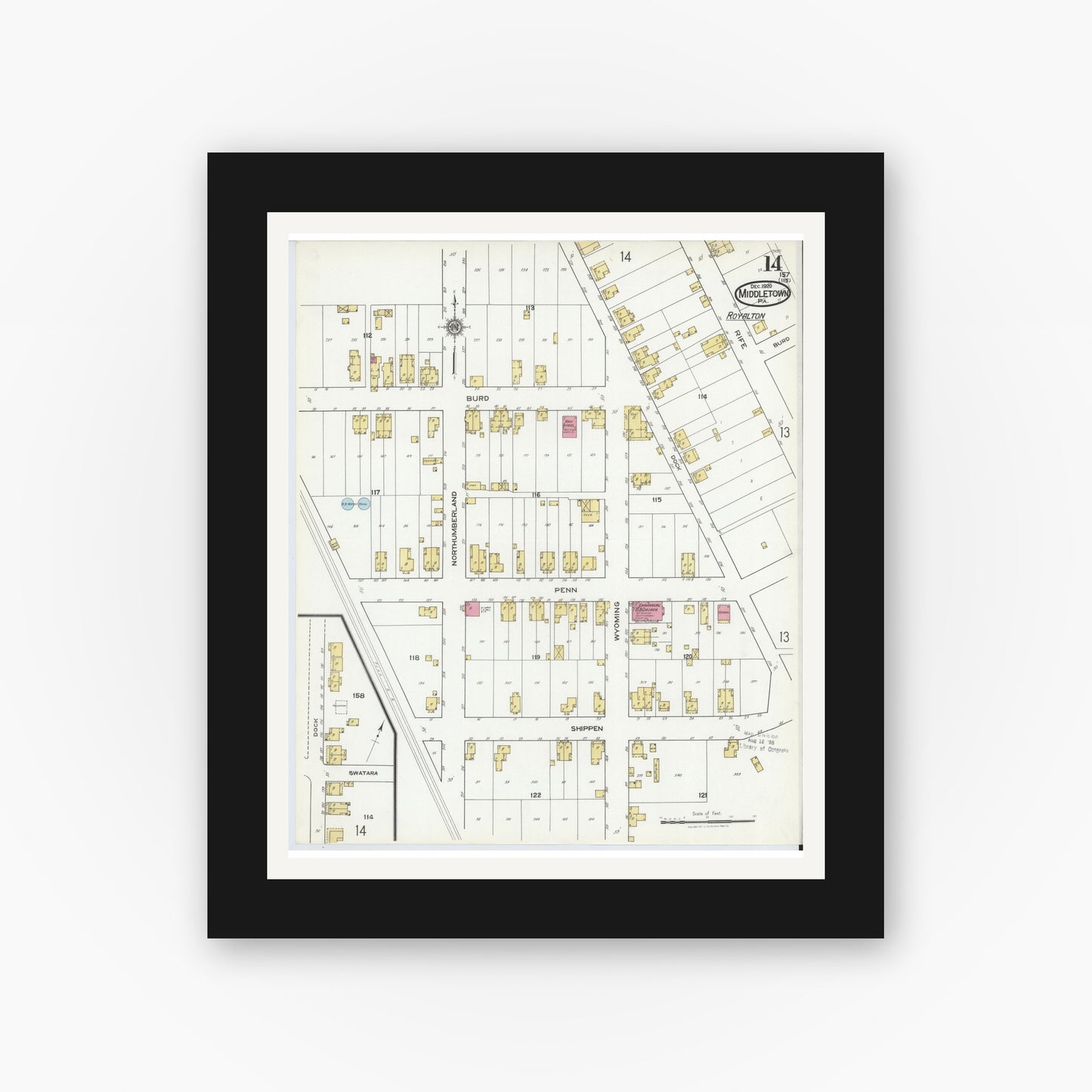 Old map wall art mockup — black gallery frame with white mat — Sanborn Fire Insurance Map from Middletown, Dauphin County, Pennsylvania (1920), Sheet #0014