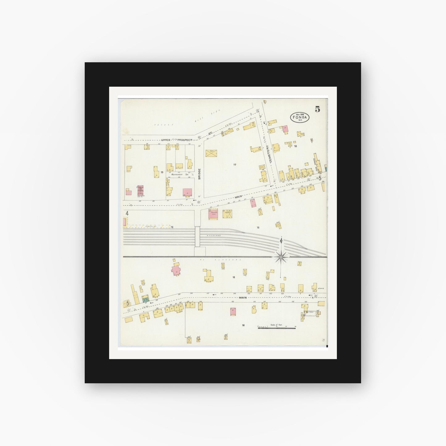 Old map wall art mockup — black gallery frame with white mat — Sanborn Fire Insurance Map from Fonda, Montgomery County, New York (1906), Sheet #0005