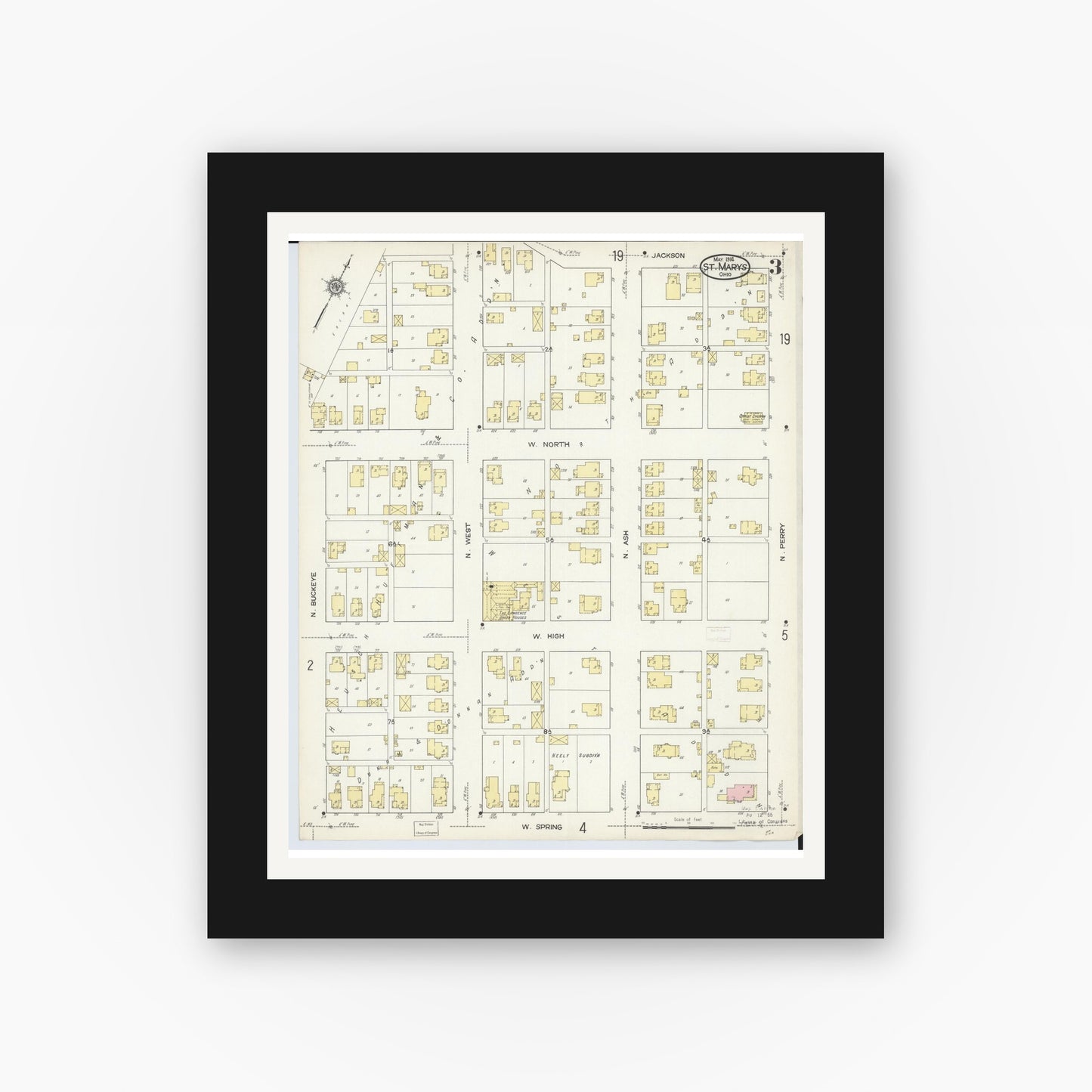 Old map wall art mockup — black gallery frame with white mat — Sanborn Fire Insurance Map from Saint Marys, Auglaize County, Ohio (1914), Sheet #0003