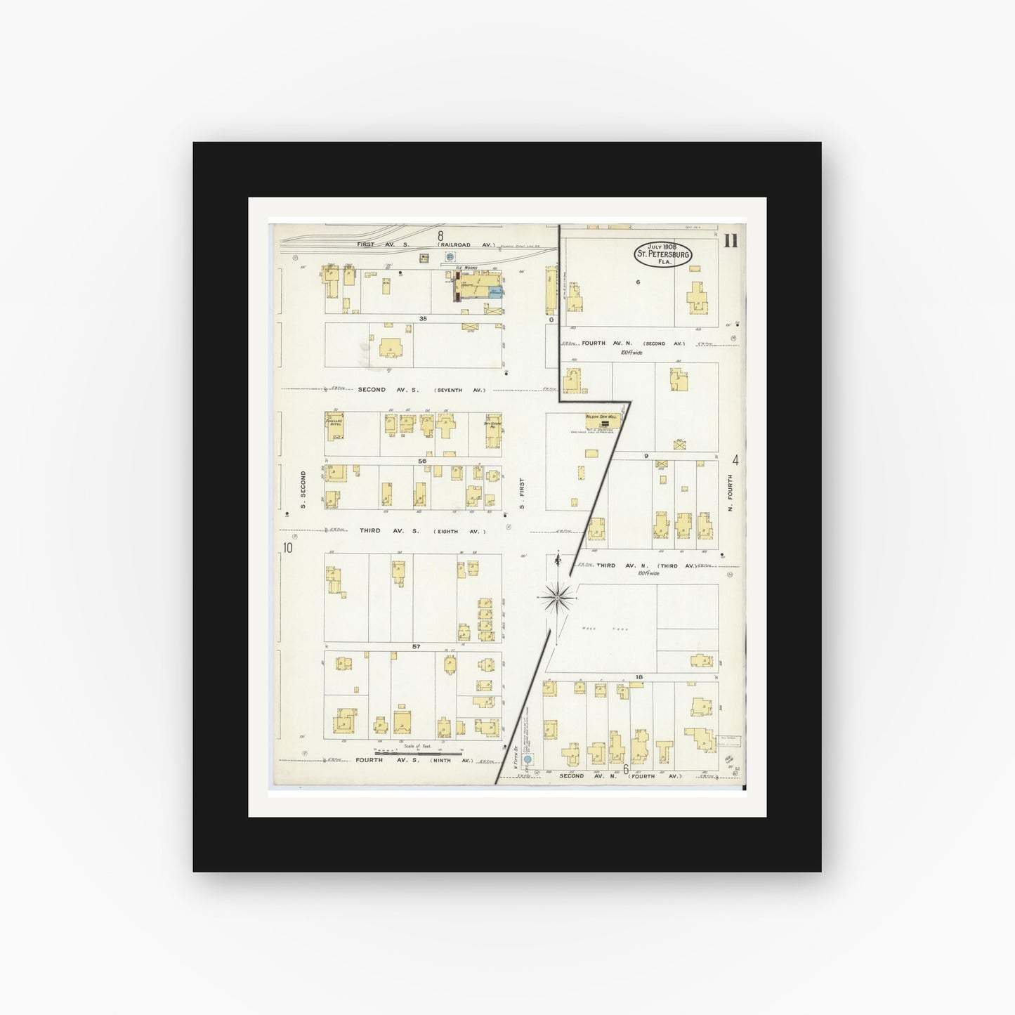 Old map wall art mockup — black gallery frame with white mat — Sanborn Fire Insurance Map from Saint Petersburg, Pinellas County, Florida (1908), Sheet #0011