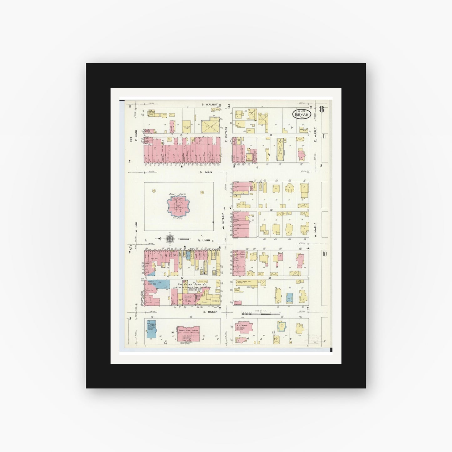 Old map wall art mockup — black gallery frame with white mat — Sanborn Fire Insurance Map from Bryan, Williams County, Ohio (1911), Sheet #0008