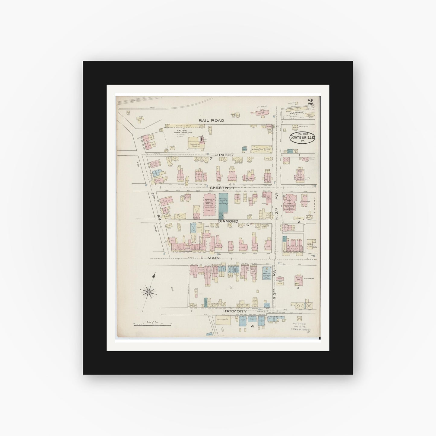 Old map wall art mockup — black gallery frame with white mat — Sanborn Fire Insurance Map from Coatesville, Chester County, Pennsylvania (1886), Sheet #0002