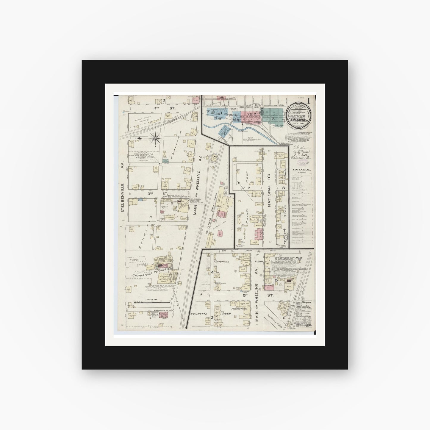 Old map wall art mockup — black gallery frame with white mat — Sanborn Fire Insurance Map from Cambridge, Guernsey County, Ohio (1886), Sheet #0001