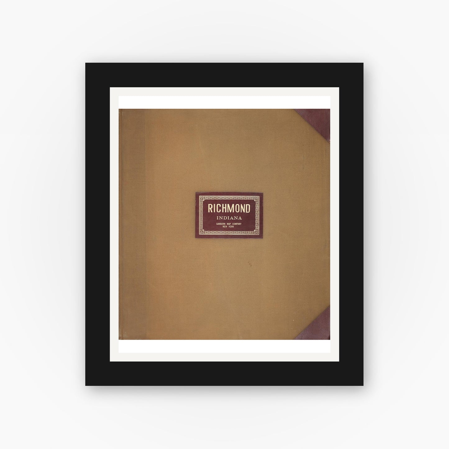 Old map wall art mockup — black gallery frame with white mat — Sanborn Fire Insurance Map from Richmond, Wayne County, Indiana (1950), Sheet #0001