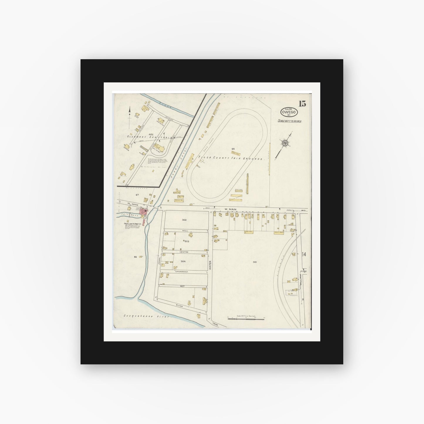 Old map wall art mockup — black gallery frame with white mat — Sanborn Fire Insurance Map from Owego, Tioga County, New York (1915), Sheet #0015