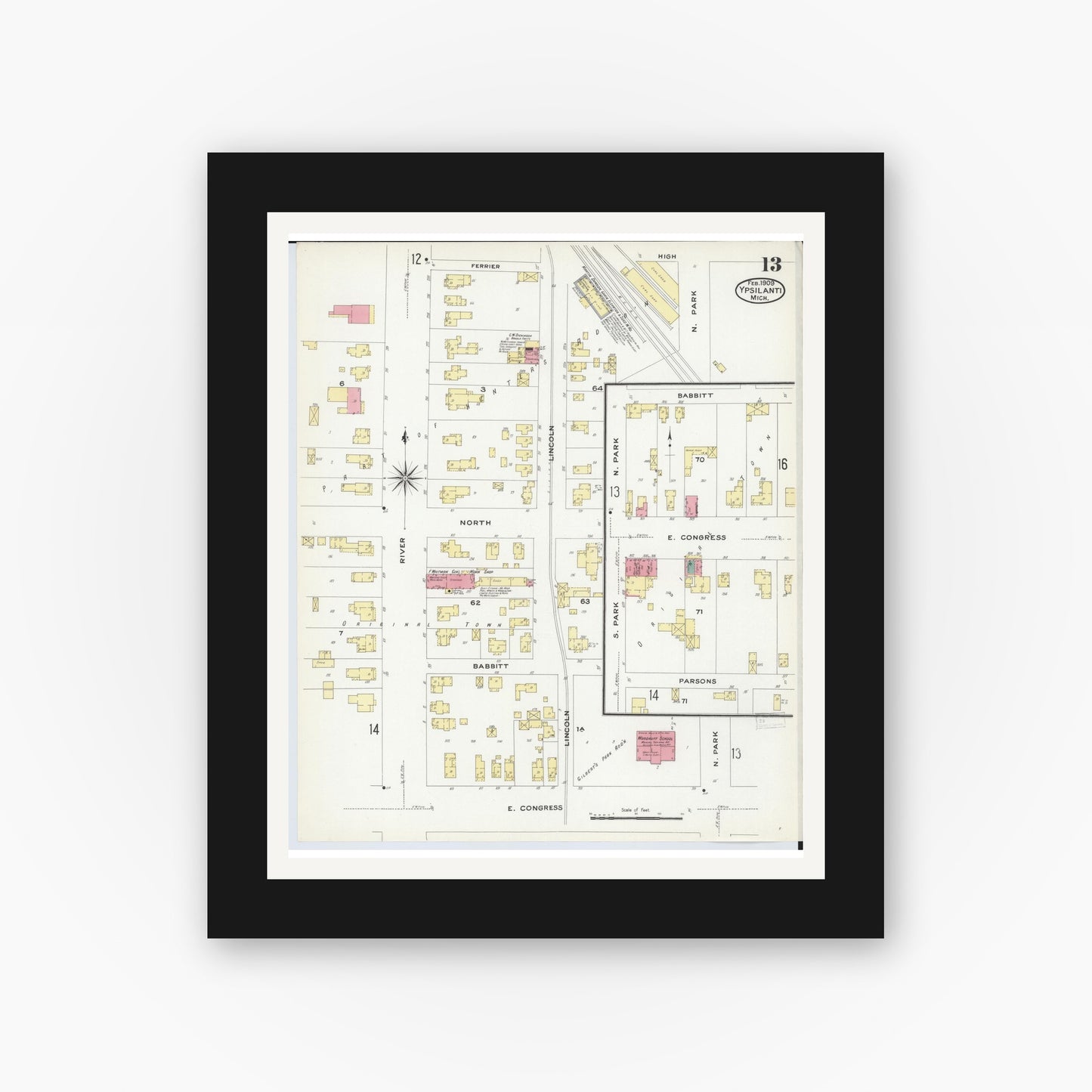 Old map wall art mockup — black gallery frame with white mat — Sanborn Fire Insurance Map from Ypsilanti, Washtenaw County, Michigan (1909), Sheet #0013