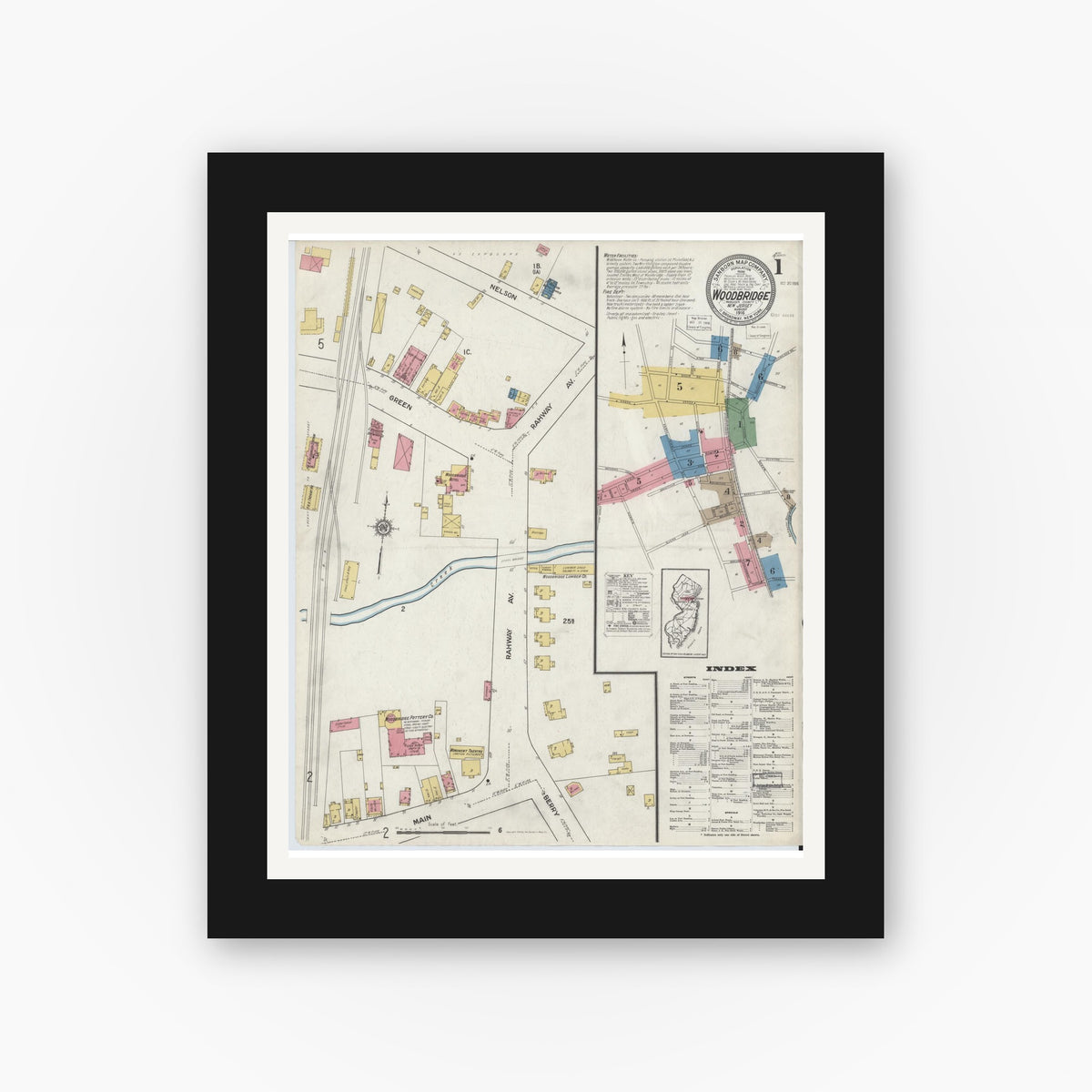 Old map wall art mockup — black gallery frame with white mat — Sanborn Fire Insurance Map from Woodbridge, Middlesex County, New Jersey (1916), Sheet #0001