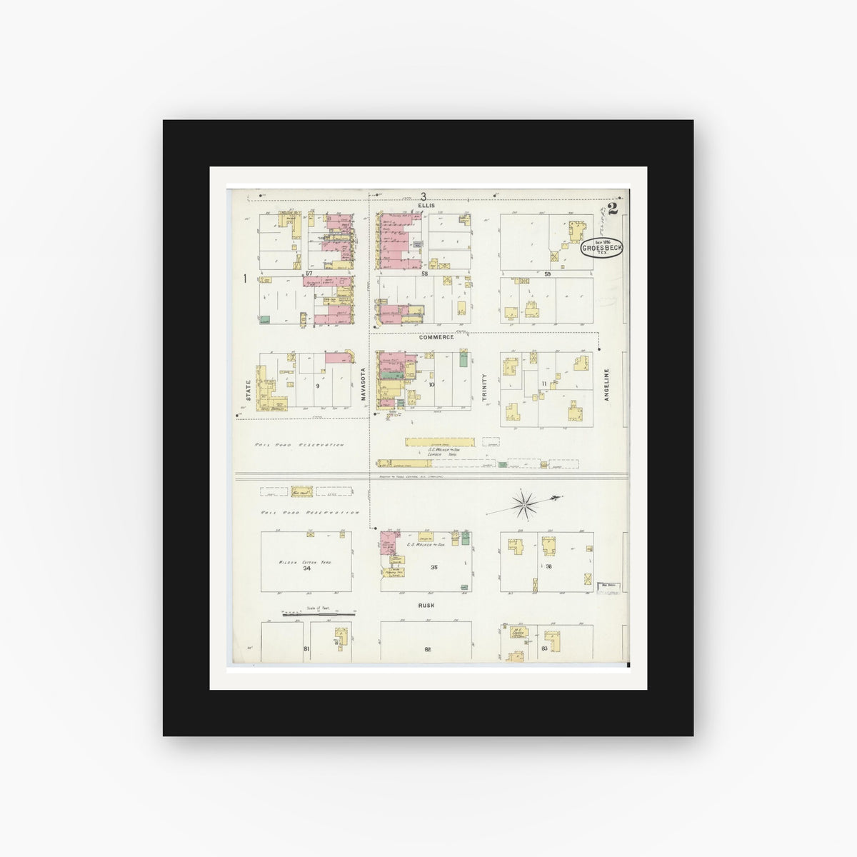 Old map wall art mockup — black gallery frame with white mat — Sanborn Fire Insurance Map from Groesbeck, Limestone County, Texas (1896), Sheet #0002