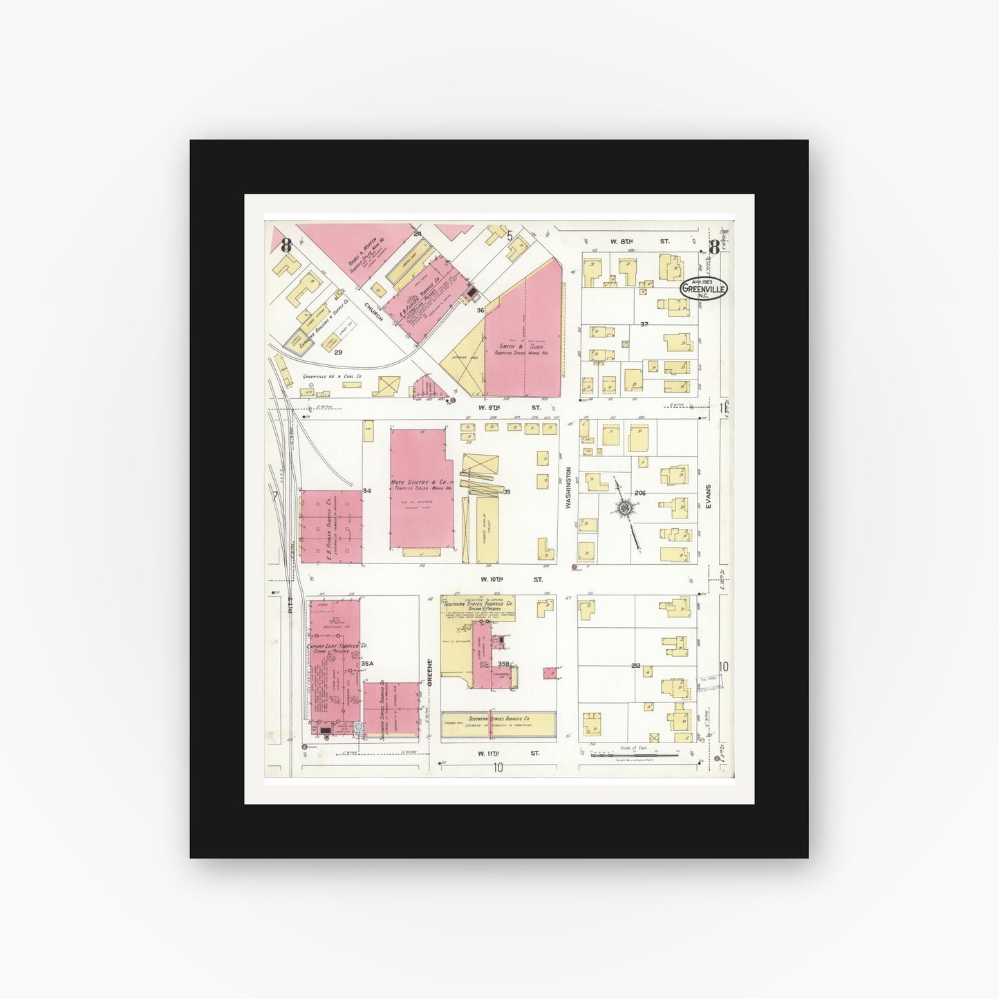Old map wall art mockup — black gallery frame with white mat — Sanborn Fire Insurance Map from Greenville, Pitt County, North Carolina (1923), Sheet #0008