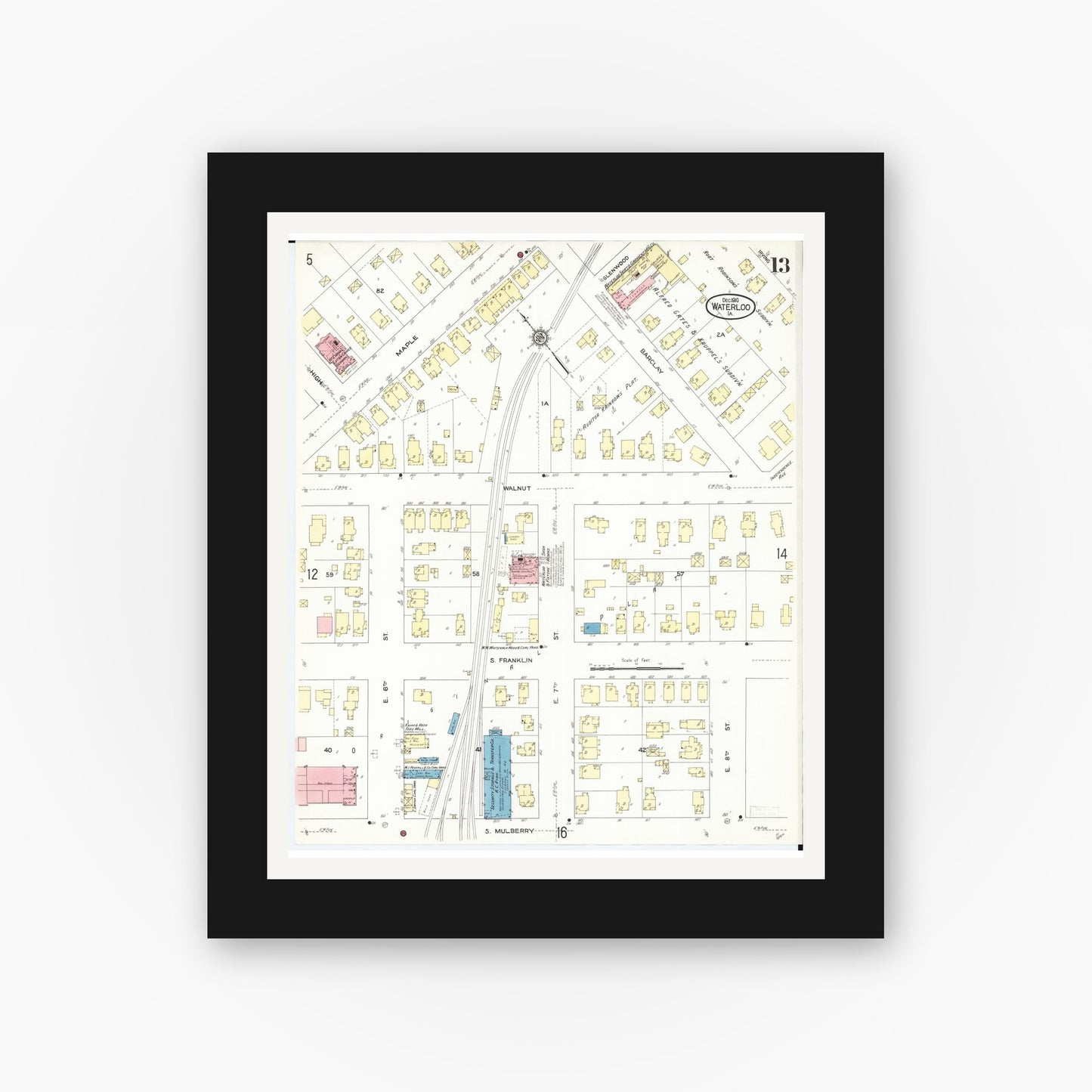 Old map wall art mockup — black gallery frame with white mat — Sanborn Fire Insurance Map from Waterloo, Black Hawk County, Iowa (1910), Sheet #0013