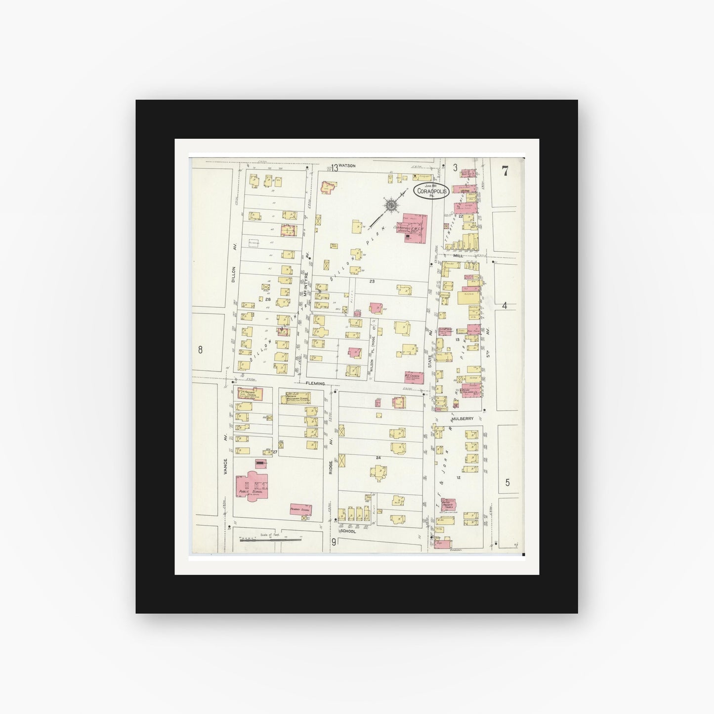 Old map wall art mockup — black gallery frame with white mat — Sanborn Fire Insurance Map from Coraopolis, Allegheny County, Pennsylvania (1911), Sheet #0007