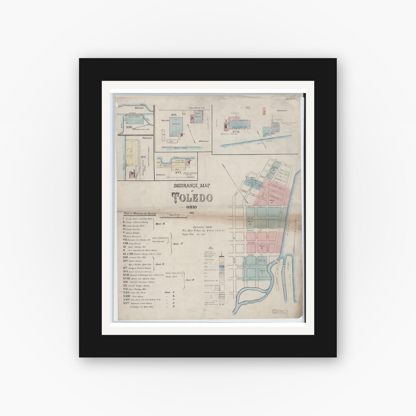 Old map wall art mockup — black gallery frame with white mat — Sanborn Fire Insurance Map from Toledo, Lucas County, Ohio (1868), Sheet #0001