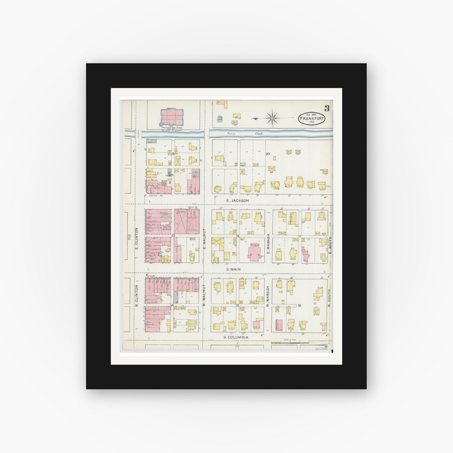Old map wall art mockup — black gallery frame with white mat — Sanborn Fire Insurance Map from Frankfort, Clinton County, Indiana (1892), Sheet #0003