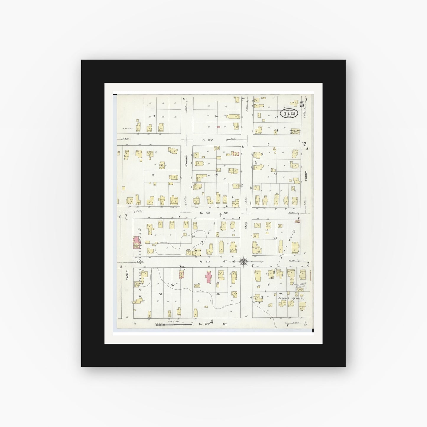 Old map wall art mockup — black gallery frame with white mat — Sanborn Fire Insurance Map from Niles, Berrien County, Michigan (1914), Sheet #0005