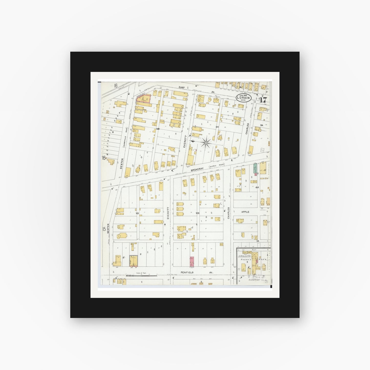 Old map wall art mockup — black gallery frame with white mat — Sanborn Fire Insurance Map from Lorain, Lorain County, Ohio (1905), Sheet #0017